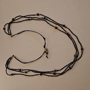 KAKAMOL 3 Strand Glass, Stone, Goldtone & Pearl Beads with leather 32" Necklace